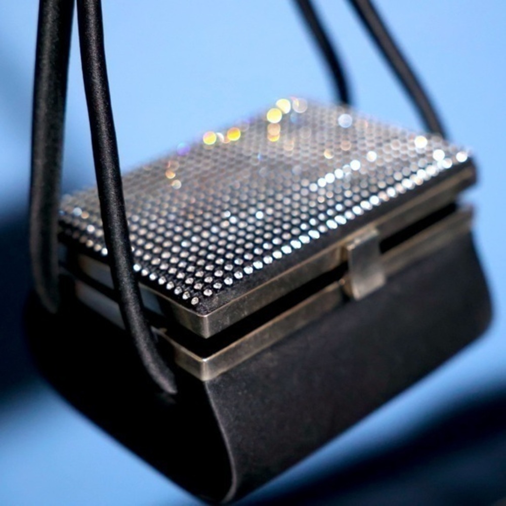 Vintage La Regale black wristlet sparkly top & mirror purse clutch